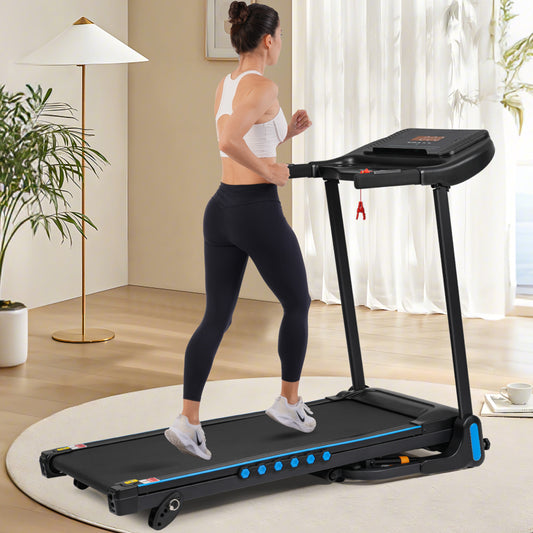 Woman running on the Rolenva Standard Display foldable treadmill in a living room
