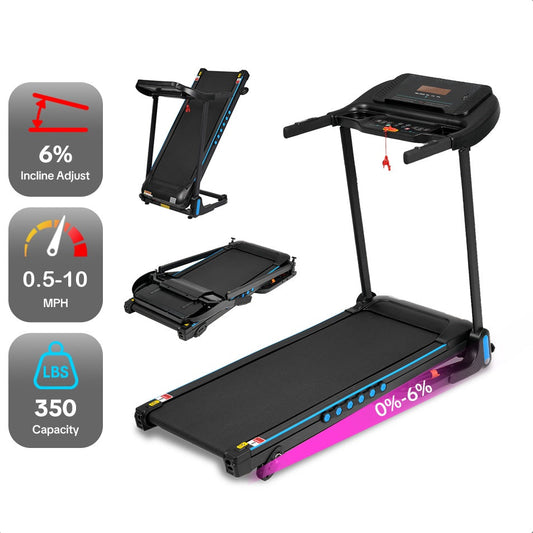 Rolenva foldable incline treadmill shown from three angles with key specs