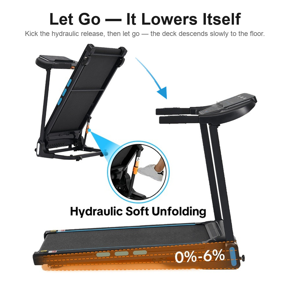 Standard Display treadmill: hydraulic cylinder with foot release lowers the deck slowly to the floor