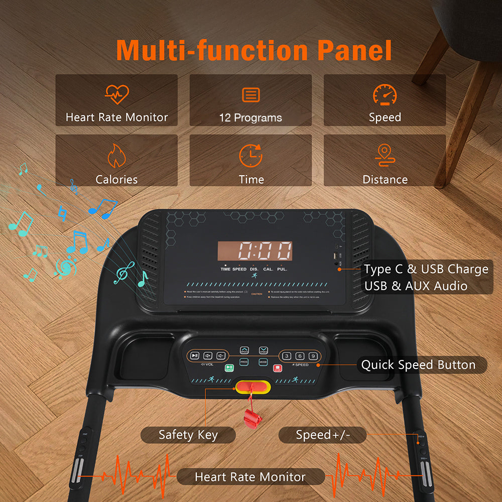 Standard Display single-screen console showing heart rate, 12 programs, speed, calories, time and distance