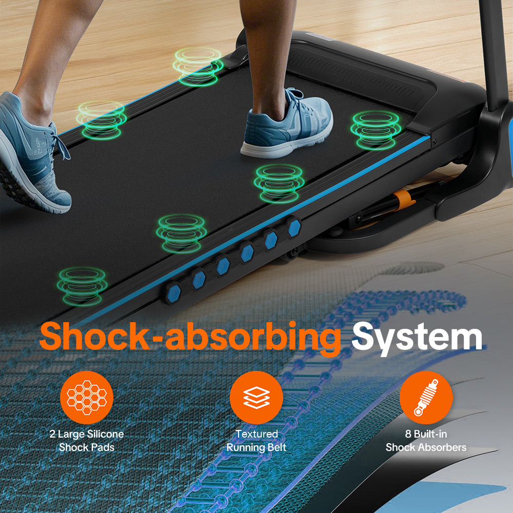 Rolenva treadmill: 2 plus 8 shock-absorption system with textured running belt