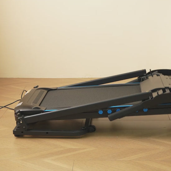 Rolenva foldable treadmill demo: assembly, safety key, speed and incline controls, shock absorption, USB charging, and one-person folding for storage