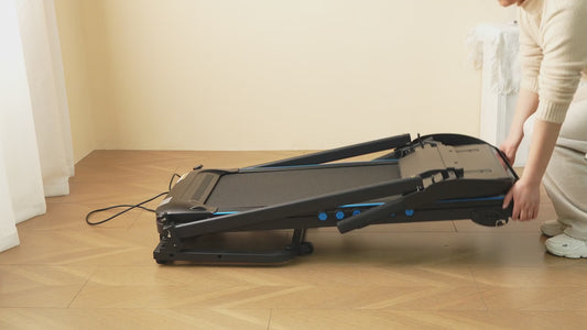 Rolenva foldable treadmill demo: assembly, safety key, speed and incline controls, shock absorption, USB charging, and one-person folding for storage